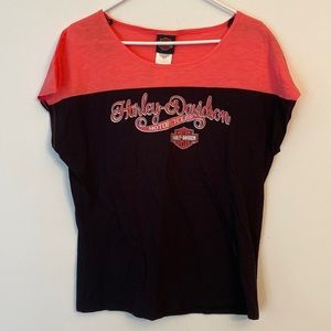 Harley Davidson Motorcycles dolman sleeve tee T-shirt coral & black